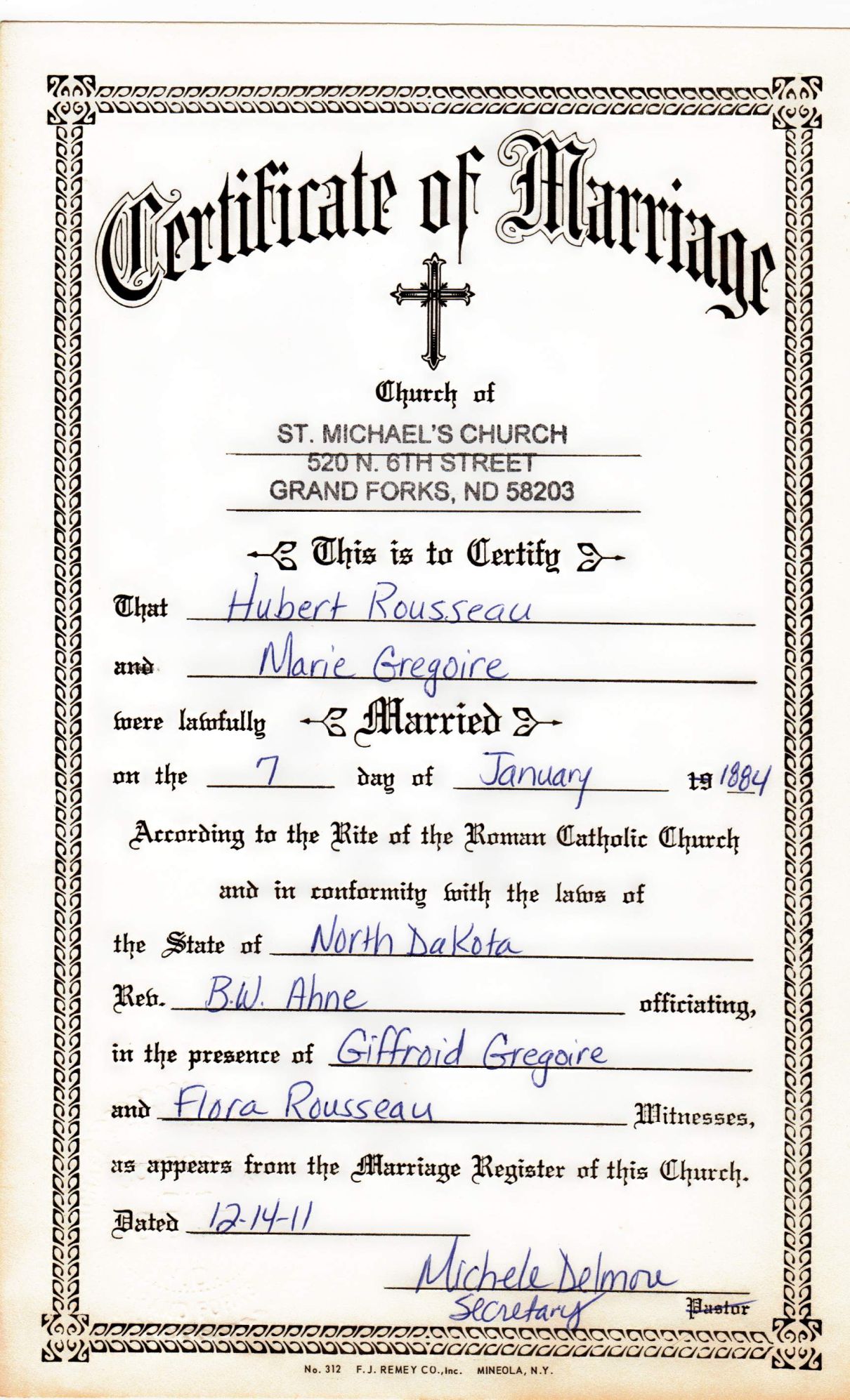 1884 Marriage Certificate of Hubert Brooks to Marie Gregoire